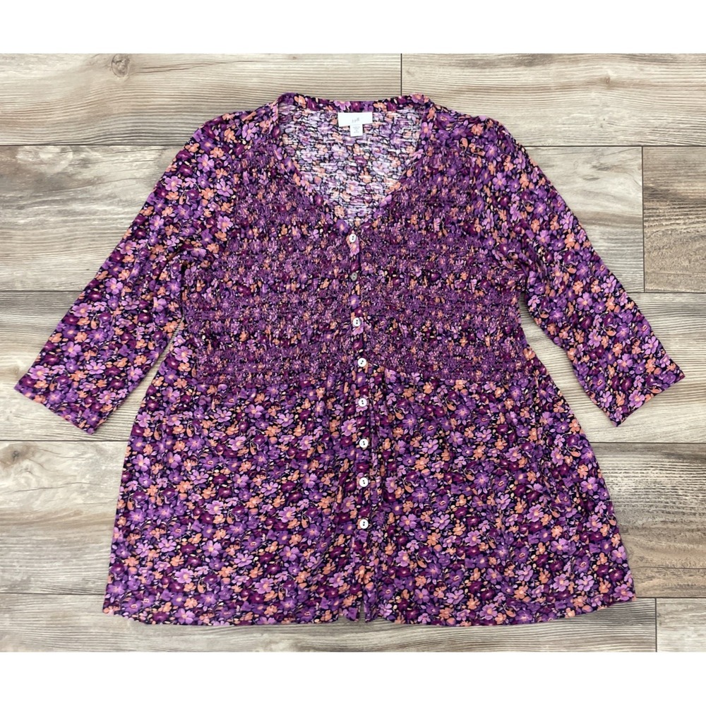 J. Jill Floral Smocked Knit Top Womens M Petite Pink Purple 3/4 Sleeve Boho